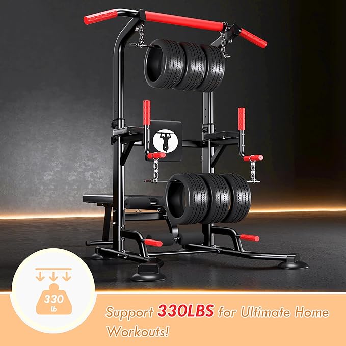 SogesHome Multi-Function Power Tower Pull Up Bar Dip Station, Home Gym Adjustable Height Fitness Workout Equipment with Foldable Dumbbell Stool, 330LB Capacity for Push-Ups, Sit-Ups, Strength Training