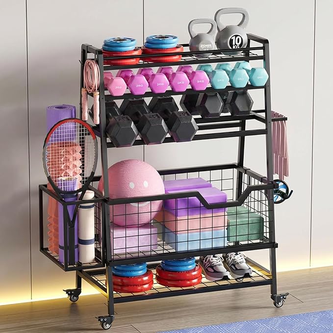 Dual-Sided Dumbbell Rack with Hooks & Wheels, Adjustable Home Gym Storage Rack for Dumbbells, Kettlebells, Balls, Yoga Mats, Ab Roller, Weight Rack Organizer for Workout Equipment