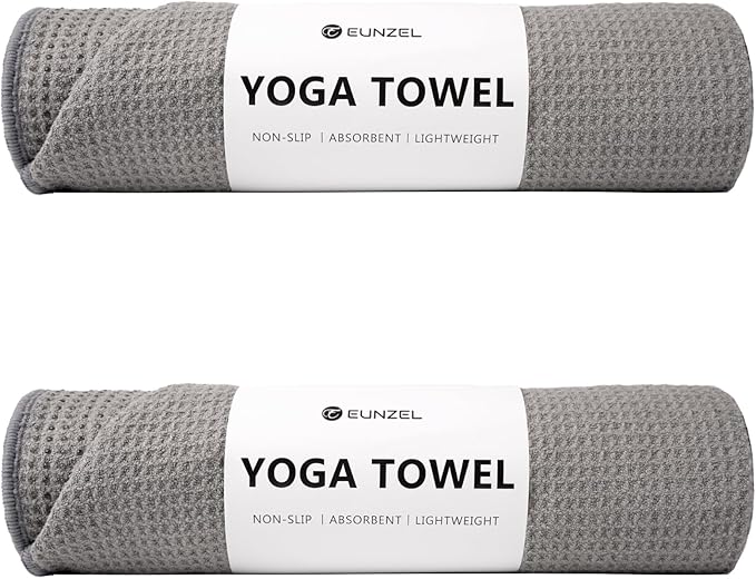 Eunzel 2 Pack Hot Yoga Towel, Non-Slip Yoga Mat Towel with Grip Dots Stickyfiber Sweat Absorbent Towel for Hot Yoga, Pilates and Workout 72" x 24", Grey
