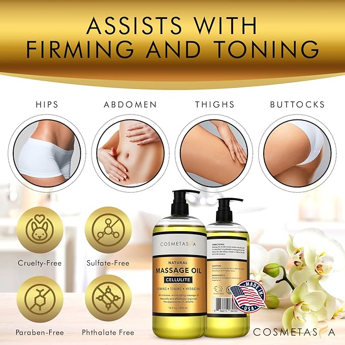 Cellulite Massage Oil with Massager Mitt - 100% Natural Cellulite Oil, Highly Absorbable and Deeply Penetrates Skin- Firms, Tones, Tightens & Moisturizes Skin By Cosmetasa 16.9 oz