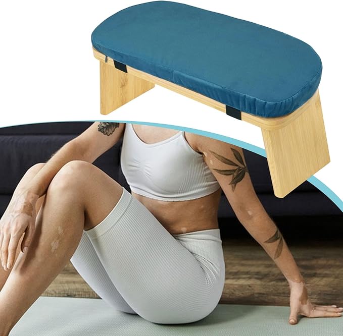 Meditation Bench Prayer Bench with Soft Cushion Wooden Comfortable Portable Folding Kneeling Stool Prayer Stool, Blue