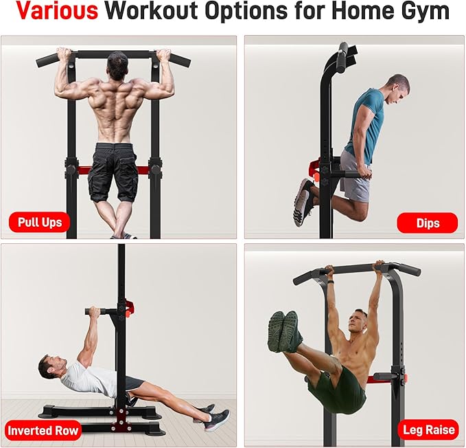 Outdoor Basic Power Tower, Pull Up Bar and Dip Station for Home Gym, 1400LBS Weight Capacity, Adjustable Height, Heavy Duty Steel Frame for Calisthenics, Strength Training Fitness Equipment