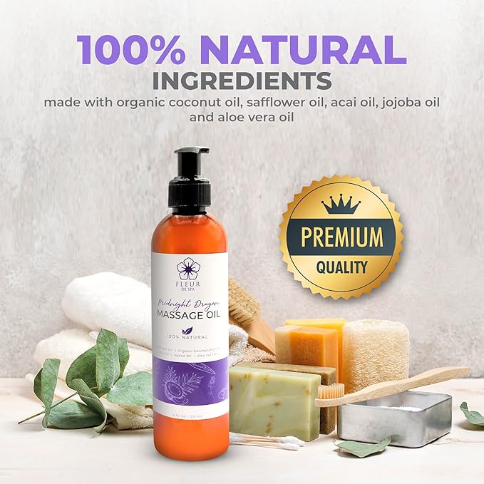 Massage Oil 8oz Pump by FLEUR DE SPA – Luxurious Therapeutic Body Oil – Made in USA – Safflower & Organic Coconut with Acai Berry – Soothes Sore Muscles, Relieves Stiffness, Anti-Cellulite