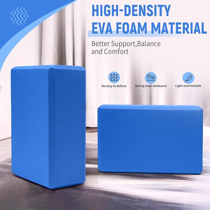 Yoga Blocks 2 Pack 9x6x3 Inches, Sturdy Foam Yoga Block, Premium EVA, Non Slip High Density for Pilates Meditation, Stretching and Toning