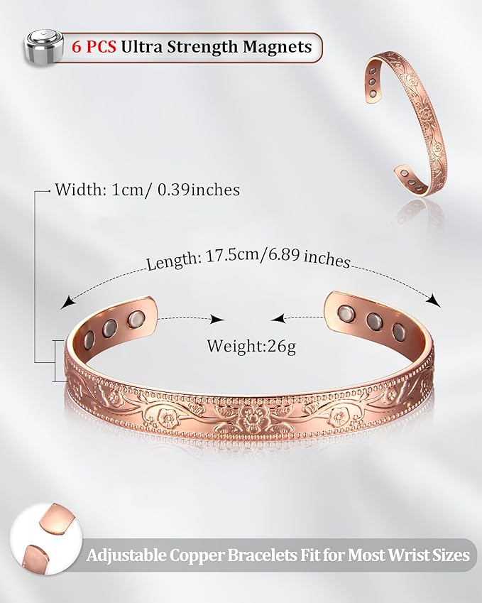 BioMag 2 Pcs Magnetic Copper Bracelet for Women, 99.99% Pure Copper Cuff Bangle with 6 Pcs 3500 Gauss Magnets, Adjustable Size, Floral Vine Design
