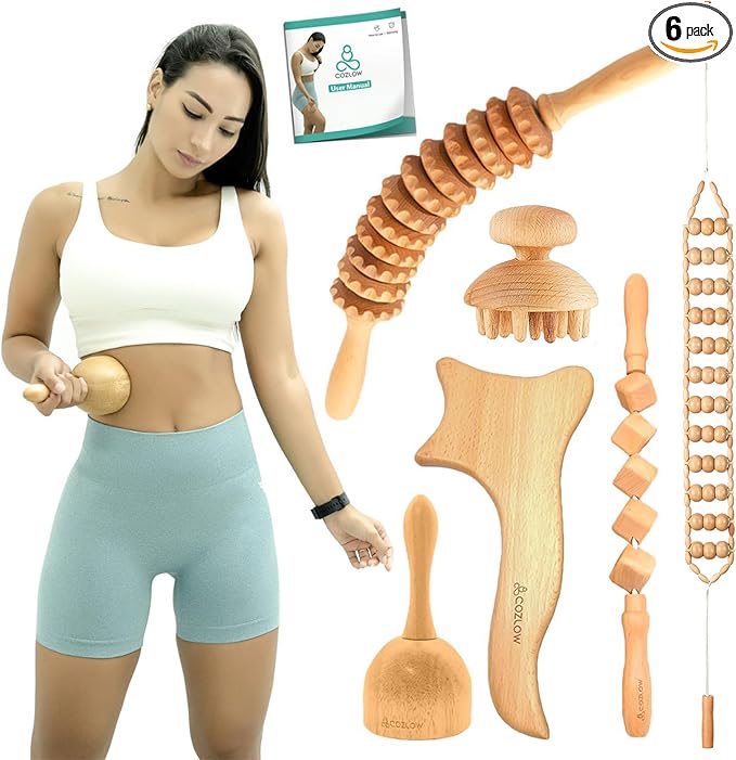 COZLOW 6-in-1 Wood Therapy Massage Tools - Professional Maderoterapia Kit for Body Sculpting, Shaping, Fascia Release & Lymphatic Drainage - Maderotherapy Helps Reduce Cellulite Appearance