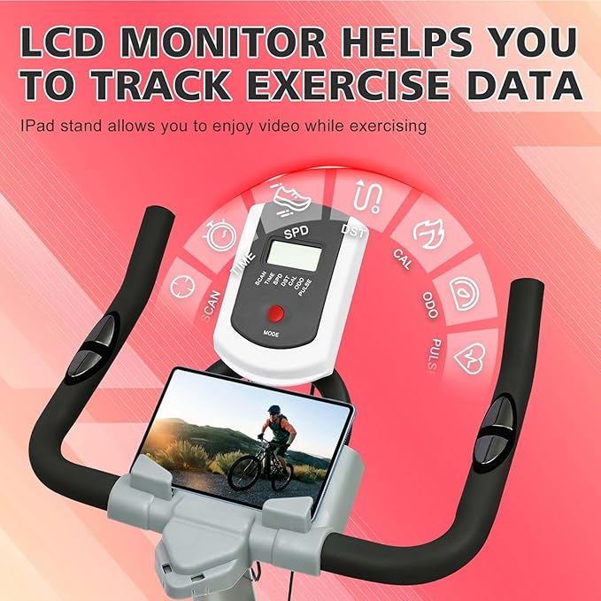 Indoor Cycling Bike Stationary Exercise Bike with LCD Monitor, iPad Holder & Comfort Seat, Adjustable Resistance, Silent Belt Drive for Home Gym Cardio Workout