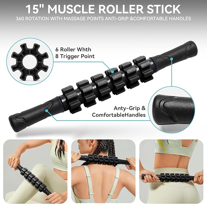 5-in-1 Foam Roller Set - Deep Tissue Muscle Recovery Kit with High Density Exercise Roller, Massage Ball, Resistance Band & Carry Bag for Physical Therapy & Pain Relief (Black)