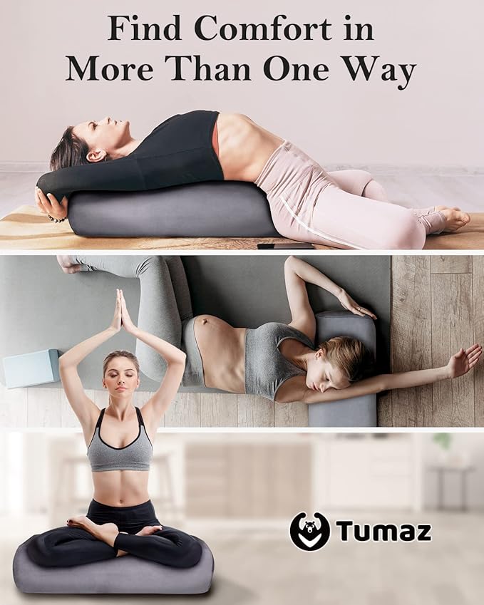 Tumaz Yoga Bolster Set - Rectangular Bolster Pillow for Restorative Yoga, Soft Meditation Pillow with Carry Handle and 8-Feet Strap, Machine Washable Cover