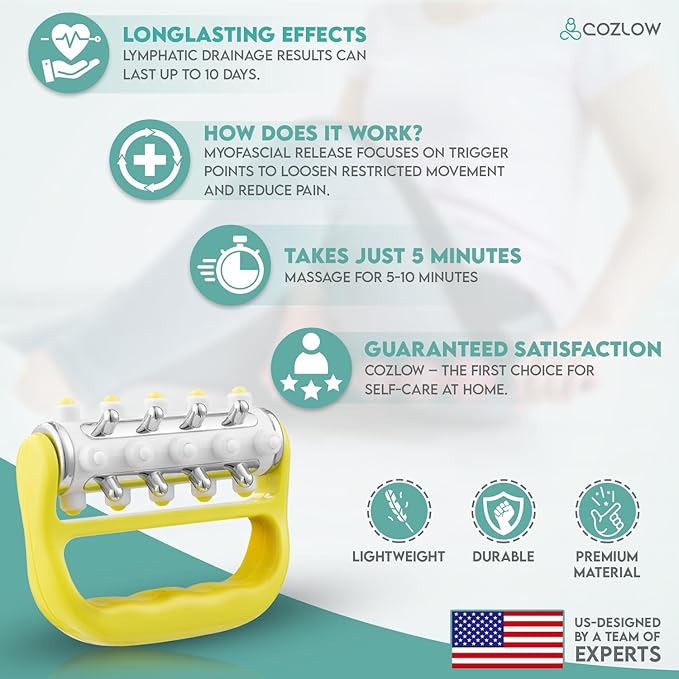 COZLOW - MyoRelease Lymphatic Drainage Massager - Yellow - Handheld Fascia Release + Scar Tissue Massage Roller for Shoulder, Neck, Belly, Thigh, Leg, Back, Glutes - Helps Reduce Cellulite Appearance