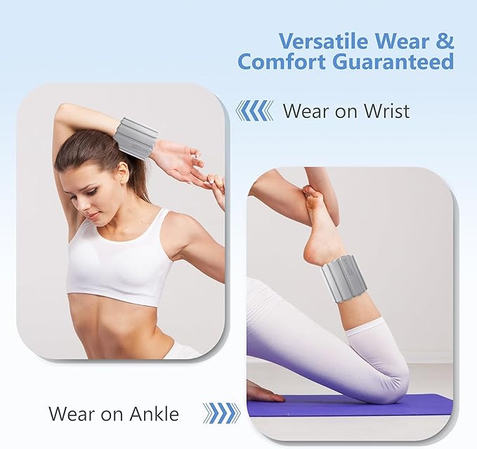 Wrist and Ankle Weights for Women & Men 2 Pack (1lb Each), Adjustable Silicone Wearable Arm & Leg Weights for Pilates, Gym, Yoga, Cardio, Strength Training