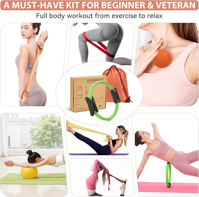 HASHMUST Pilates Ring Kit 12 PCS for Women, Home Workout Equipment with Magic Circle, Mini Exercise Ball, Resistance Bands, Massage Lacrosse, Yoga Strap, Full-Body Fitness Set for Toning & Gift