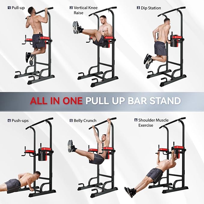 Power Tower Dip Station Pull Up Bar for Fitness Home Gym Workout,Multi-Function Adjustable Height Fitness Strength Training Exercise Equipment,with Power Elastic Ropes