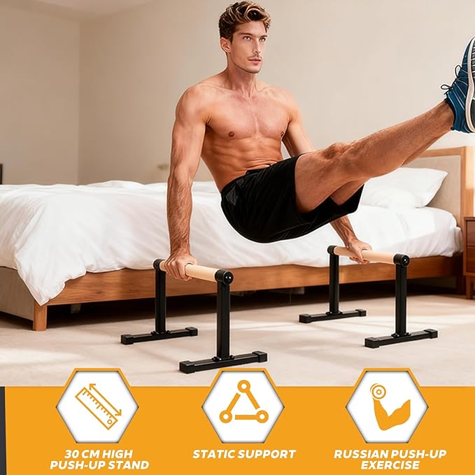 Wooden Parallel Bars 20" Length 12" Height,Dip Bar with Thick Beech Handles, Push-up stands for Handstand, L-Sit, Gymnastics, Strength Training Home Gym,Anti-slip Mats, Easy to Install,700lbs