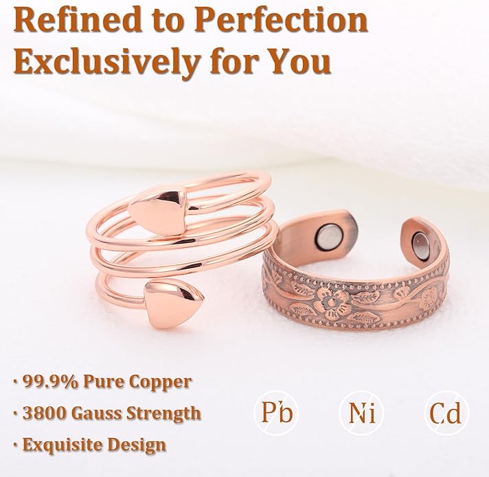 Magnetic Copper Rings Set for Women, Elegant Lymphatic Jewelry Gifts, Vintage Adjustable Vine Design