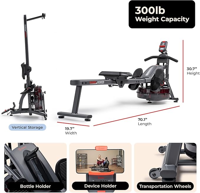 Sunny Health & Fitness Smart Dual-Rail Water Rower, 300LB Weight Capacity with Free SunnyFit App Connection – SF-RW524022