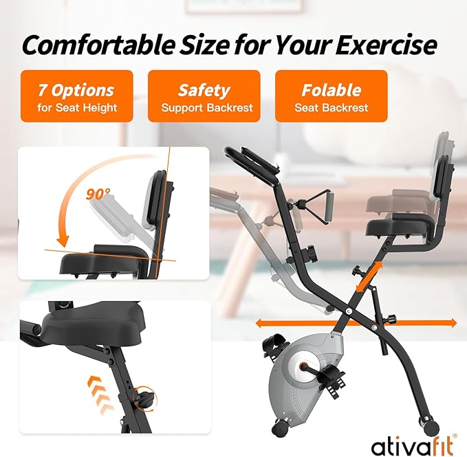 ATIVAFIT Exercise Bike Foldable Fitness Bike Magnetic Foldable Indoor Cycling Bike 3-In-1 Foldable Exercise Bike for Home Use with Resistance Bands Home Workout Exercise Equipment
