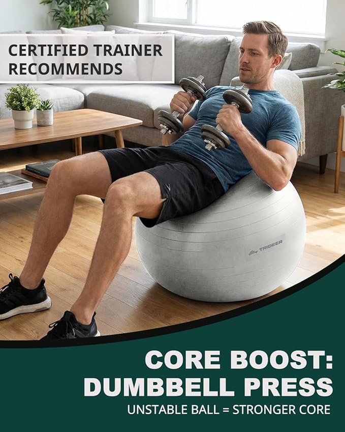 Trideer Exercise Ball for Yoga, Pilates & Fitness – Stability Ball Equipment for Home Gym & Office Chair, Core & Balance Training Accessories, Physical Therapy Equipment, Quick Pump Included, 5 Sizes