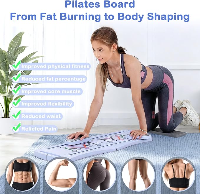 6-in-1 Foldable Pilates Board Reformer Kit, Portable Home Gym Equipment with Resistance Bands, Ab Board, Smart Timer & Phone Holder, Full Body Workout for Women