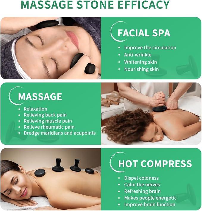 Hot Stones for Massage-6 Large Essential Basalt Massage Stones Set (3.15in) with 2 Mushroom Shape Gua Sha Facial Tools, Massage Tools for Professional or Home SPA, Relaxing, Pain Relief