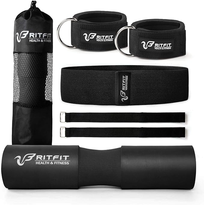 RitFit 7 Pcs Barbell Squat Pad Set, with Resistance Band, 2 Safety Straps, 2 Gym Ankle Straps & Carry Bag, Upgraded Neck & Shoulder Protective Pad Support for Squats, Lunges & Hip Thrust (Pink/Black)
