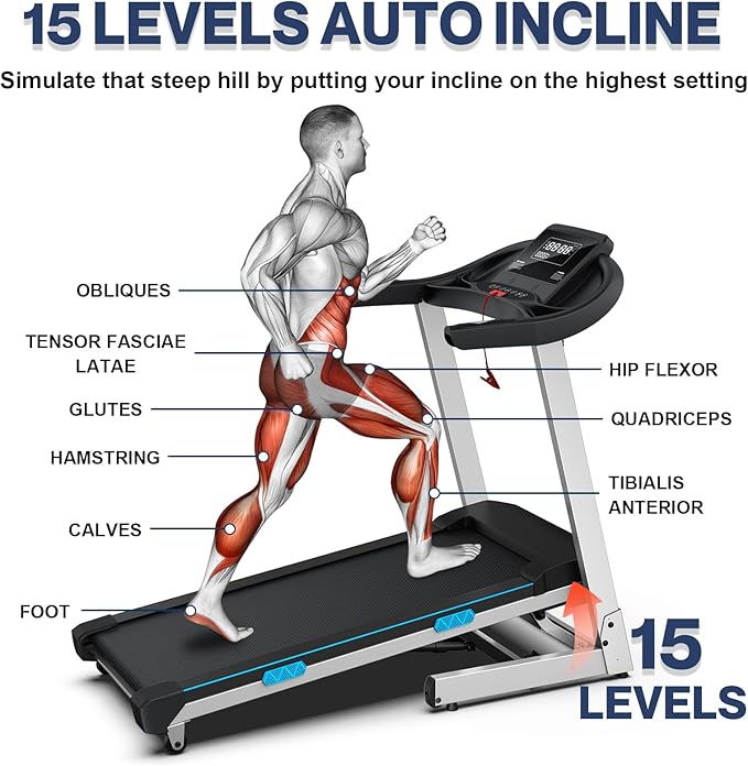 WELLFIT 15% Auto Incline Treadmills with Handle Bar, Heavyduty Home Treadmill with 320-400LBS Weight Capacity, 4.0HP Foldable Treadmill for Small Space, Walking Pad Climb Running, Large Running Area