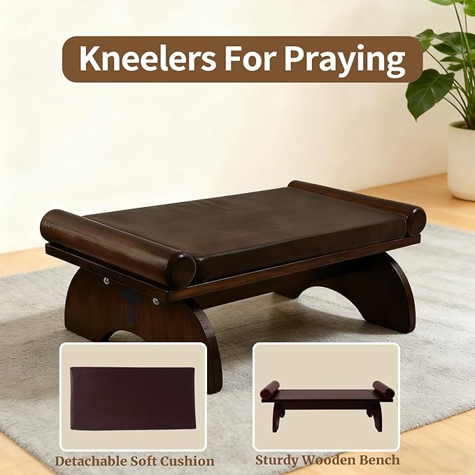 Prayer Kneeler Bench, Wooden Prayer Bench with Detachable Soft Cushion, Sturdy Home Kneeling Stool for Worship, Multi-Functional as Yoga Bench/Shoe Bench/Sofa Bench