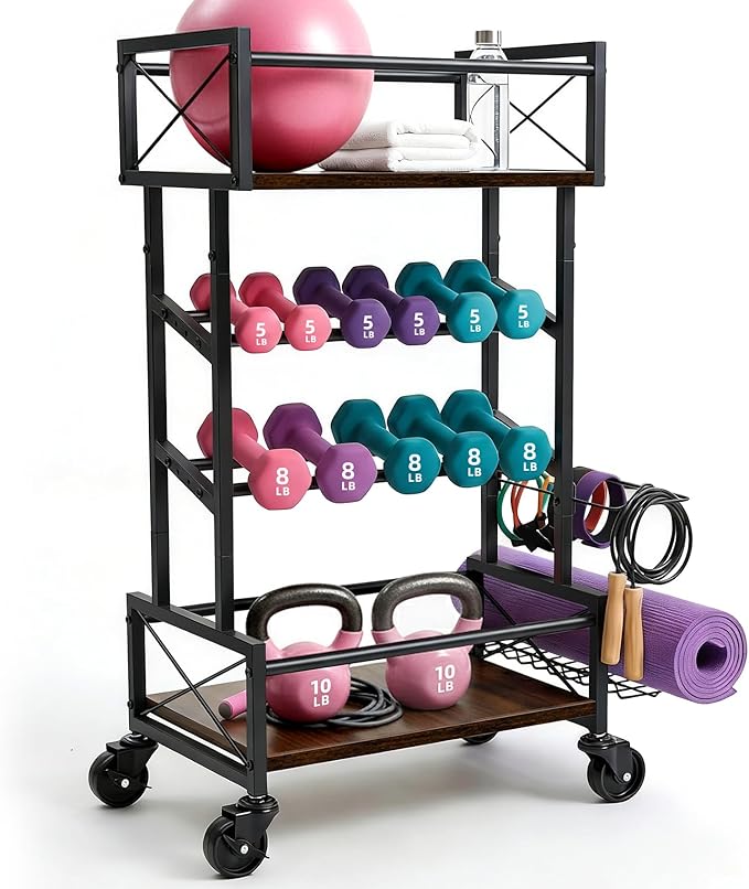 4 Tier Home Gym Storage Rack with Wheels, Yoga Mat Rack Small Dumbbell Weight Rack, Multi-Functional Wood Metal Gym Equipment Storage Rack Workout Cart for Women Kettlebell Fitness Organizer