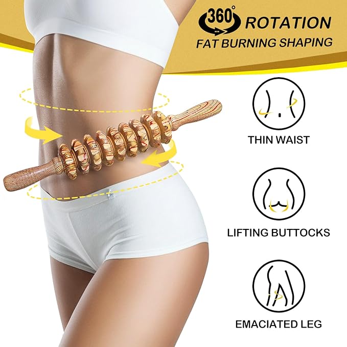 Wooden Massager Handheld Roller Trigger Point Massager Stick for Fascia, Cellulite, Muscle & Abdomen , Body Therapy Massager, Muscle Belly Relief Tool…
