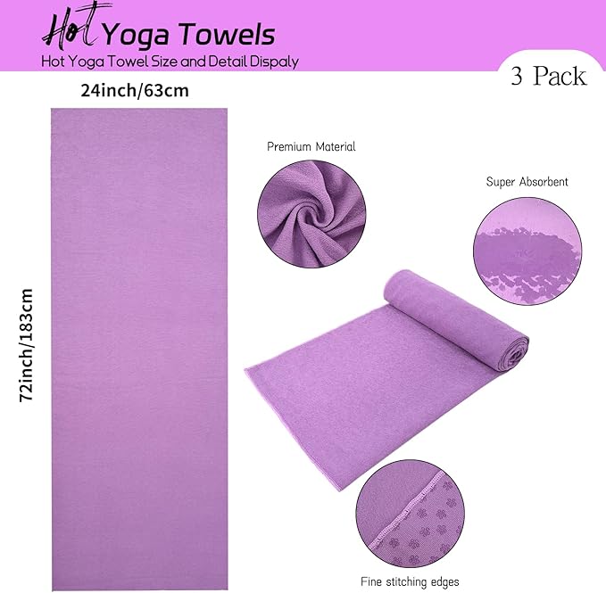 3 Pack Hot Yoga Towels with Plum Blossom Dots, Lavender Non-Slip Yoga Mat Towel, Super-Absorbent Soft Suede Microfiber Towel for Hot Yoga, Pilates, Bikram and Exercise Workout(24" x72",Lavender)