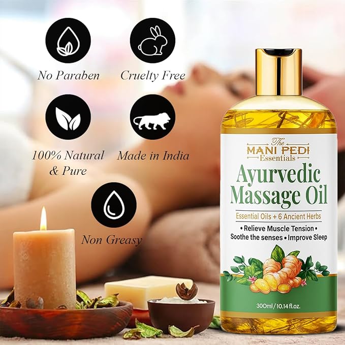 Ayurvedic Oil, Massage Oil with 6 Ancient Herbs with Clove, Almond, Lemongrass & Lavender Oils. Relieves Muscle Tensions, Calms Nerves, Soothes Senses. Organic & Natural - 10 Fl Oz