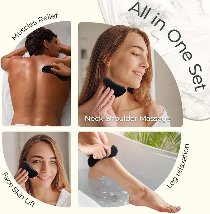 Scienlodic 2 Pcs Gua Sha Massage Tools for Face & Body (Black Gold, Resin) - Guasha Scraping Tool for Jawline Contouring, Puffiness Reduction, Neck, Shoulders, Arms & Calves Relaxation
