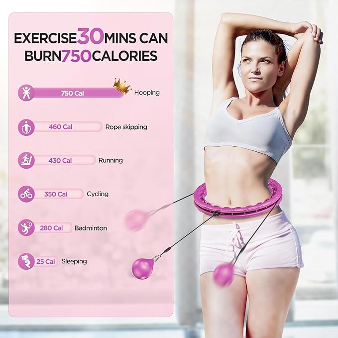 Weighted Exercise Hoop Plus Size 32 Detachable Knots, No Falling Smart Huula Hoop for Adults & Beginners, 2 in 1 Abdomen Fitness Massage with Auto Spinning Ball - Purple
