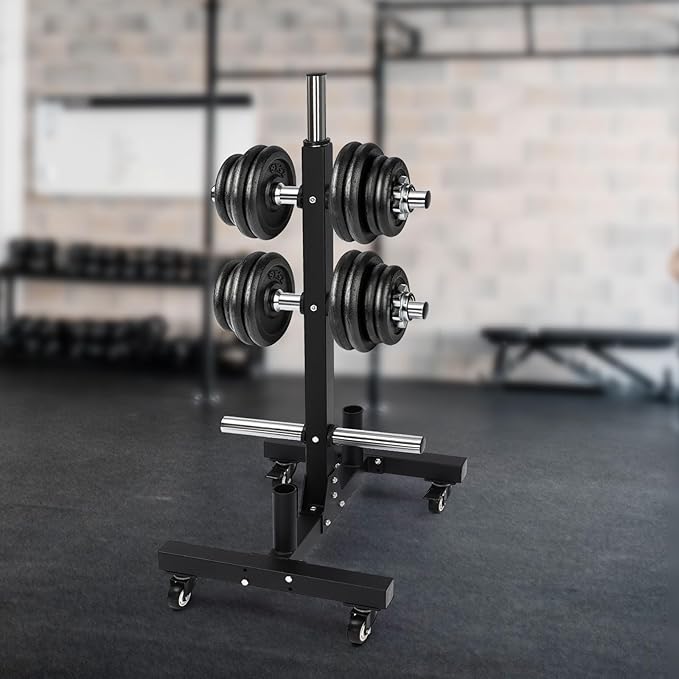 Olympic Weight Plate Tree, Olympic Weight Plate Rack with 6 9.5 in storage posts & bar holders Barbell Plate and Dumbbell Racks Tree with Brake universal wheel Load-bearing 1100lbs