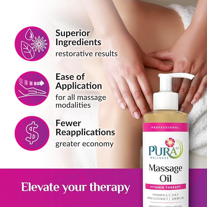 Vitamin Therapy 8 Fl oz Massage Oil, Vitamin E, Professional, Massage Therapy, Deep Tissue, Unscented, Hypoallergenic, Natural Ingredients, Skin Hydrating, Moisturizing, Muscle Relief