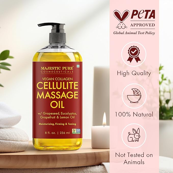 Majestic Pure Cellulite Massage Oil for Massage Therapy- Refreshing and Relaxing- Natural Oils with Grapeseed, Eucalyptus, Grapefruit & Lemon Oil- All Skin Types- Men and Women Massage Lotion- 8 fl oz