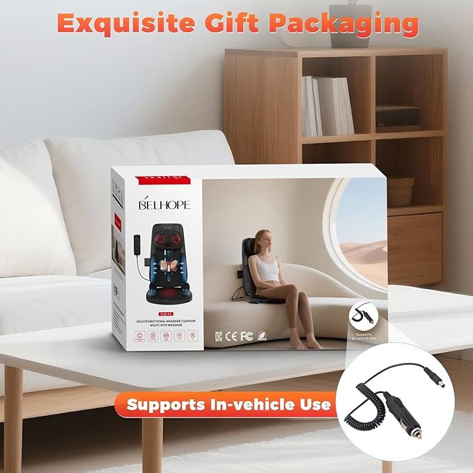 belhope Shiatsu Neck and Back Massager with Heat, 4D Kneading Back Massager for Pain Relief Deep Tissue, Comfortable Back Massage for Chair, Massage Mat for Home, Mother's Day Gifts for Men Women
