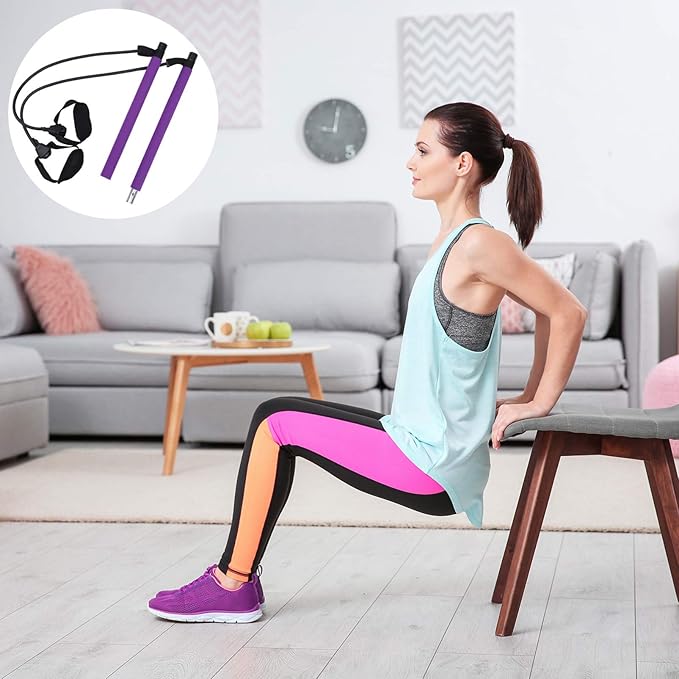 Adjustable Fitness Rod with Foot Strap for Full Body Workout Portable Bodybuilding Equipment for Women and Men for Home Exercise Shaping Purple