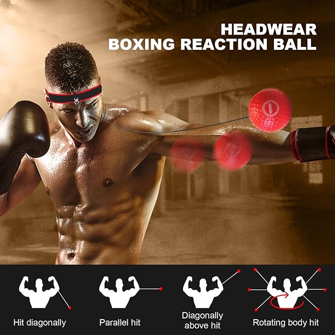 Boxing Reflex Ball, Headband Boxing Reaction Ball, Hand Eye Coordination Punching Speed Training Recreation Balls, Punch Ball Reflex Ball with Carry Bag for Teens Adults (4 Balls + 2 Headbands)