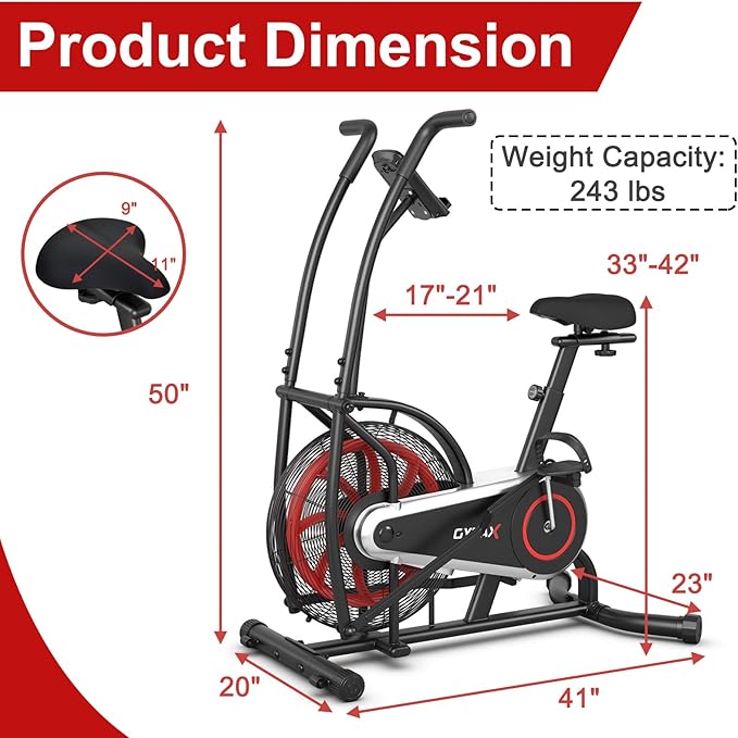 HOMGX Air-Resistance Exercise Bike, Cycling Exercise Machine with Dual Action Handlebars, Real-Time Monitor and Adjustable Seat for Leg/Arm/Full Body Workout, Fan Bike for Home Training