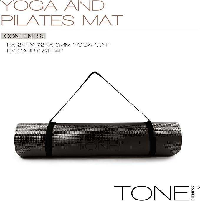 TONE Fitness Yoga Mat 1/4" Thick Non Slip Exercise & Pilates Mat for Home Workouts with Carrying Strap | Multiple Options