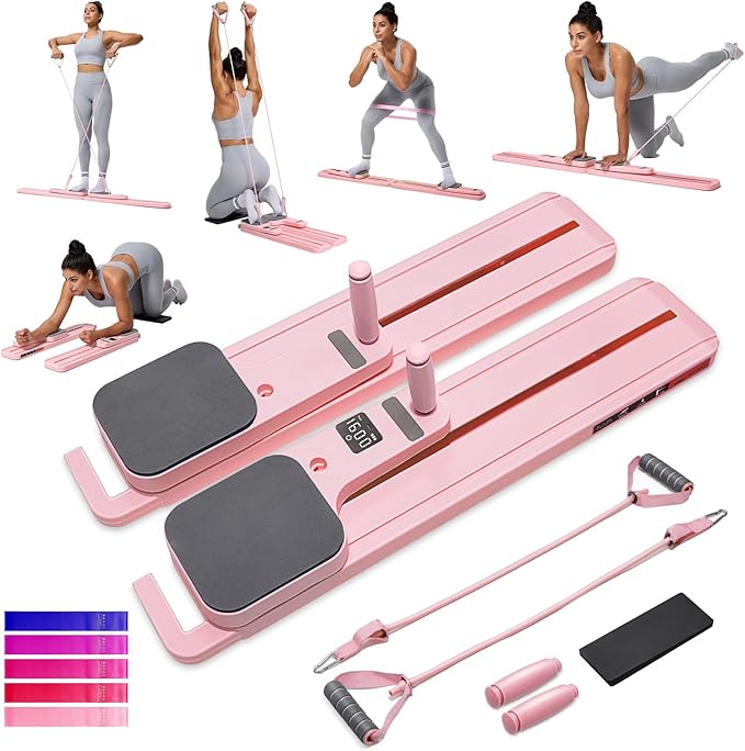 Portable Pilates Reformer Set for Women, Multi-Functional Pilates Exercise Board with Resistance Bands for Home Workouts, Core Strengthening, Toning, Abdominal Sculpting, Full-Body Fitness(Pink)