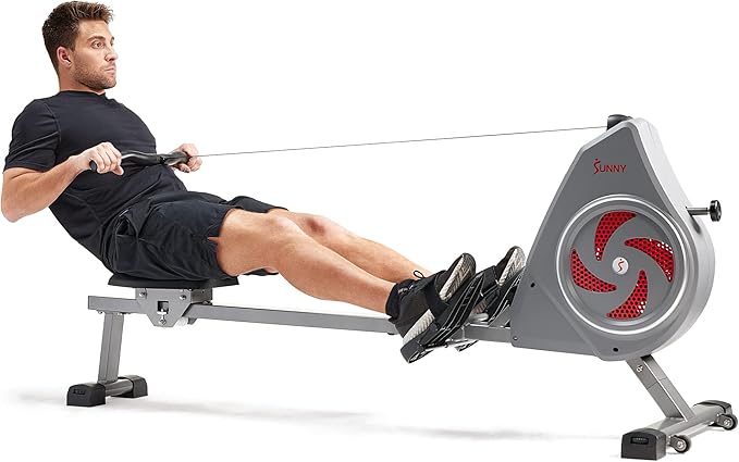 Sunny Health & Fitness Air Strive Smart Rower, Full-Body Training Rowing Machine with Spacious Inseam, Flip-Up Design for Home Gym, Free SunnyFit App Connection, Optional Dual Resistance