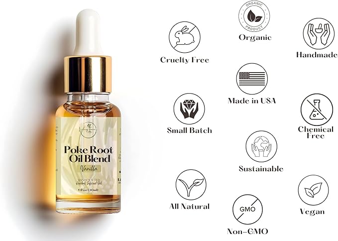 Organic Poke Root Oil with Castor Oil & Vanilla for Cysts, Boils, Fibroids, Swollen Lymph Nodes, Breast & Joint - Vegan Lymphatic Support Massage Oil - Handmade in The USA