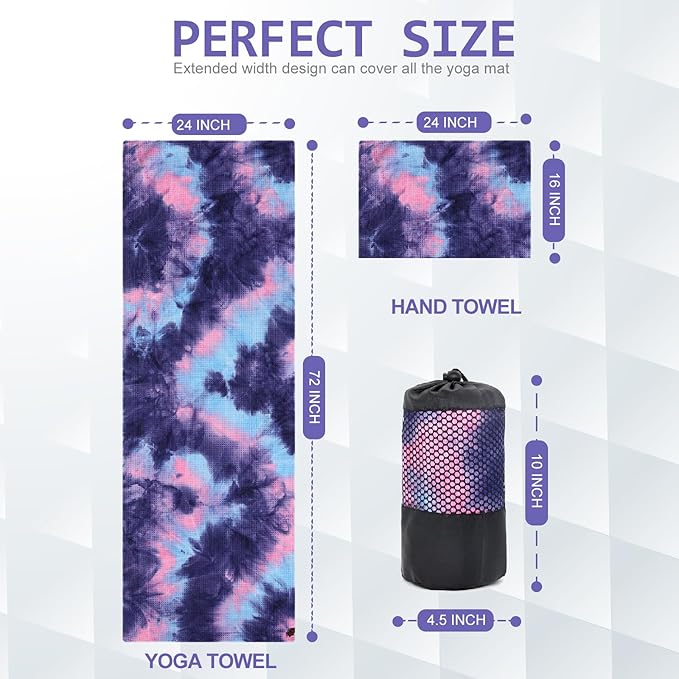 Eunzel 2 Pack Yoga Towel,Hot Yoga Mat Towel with Grip Dots Sweat Absorbent Non-Slip for Hot Yoga, Pilates and Workout 24" x72，Purple & Blue/Green & Purple (2 Pack)