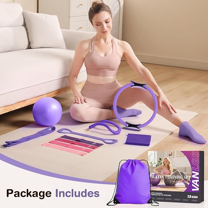Pilates Kit 13Pcs Home Pilates Essentials Workout Kit with 13" Ring, 10" Ball and Resistance Bands for Women at Home Pilates Equipment Set for Beginners