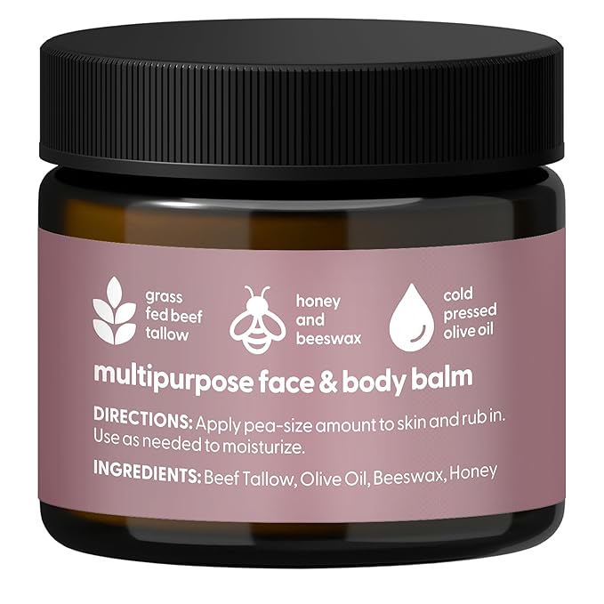 100% Unscented Grass Fed Beef Tallow for Skin, Body and Face | Fragrance Free Moisturizing Honey Balm with Cold-Pressed Olive Oil and Beeswax | Suitable For Dry, Sensitive & Irritated Skin, 2 oz (57g)
