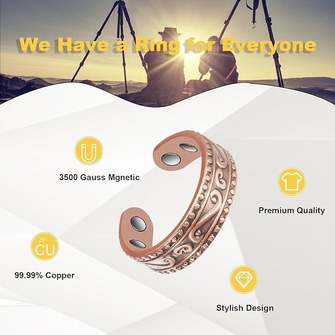 Copper Rings for Women, 99% Pure Copper Retro Adjustable Magnetic Ring,Copper Jewelry Present (0955)