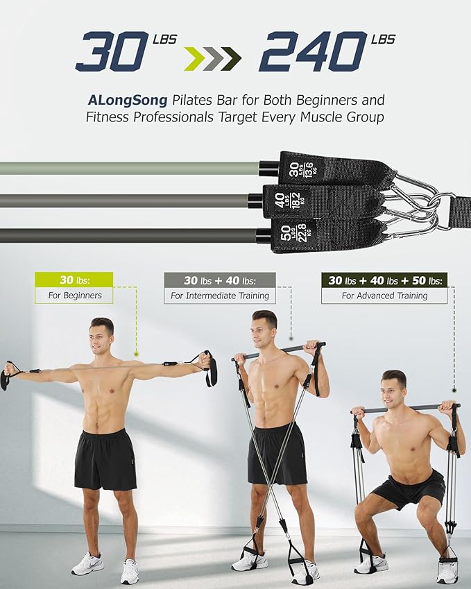 Upgraded Pilates Bar Kit with Resistance Bands Natural Latex for Women & Men, Heavy-Duty Stainless Steel Multifunctional Yoga Pilates Stick for Home Gym Exercise Fitness Equipment Full-Body Workouts