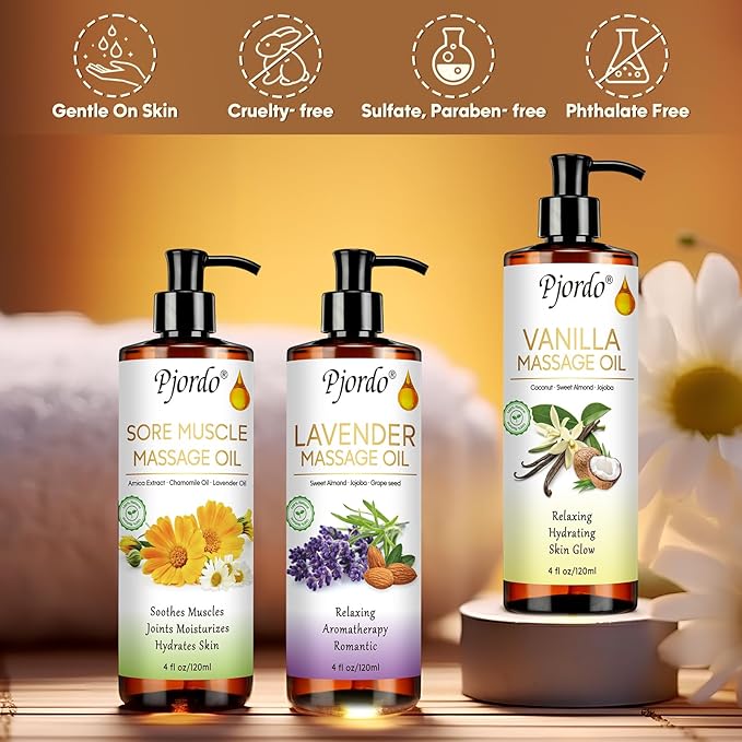 3 Pack Massage Oil for Massage Therapy, Vanilla Oil, Sore Muscle Arnica Oil, Lavender Massage Oil for Skin, Massage Roller Ball, Relaxing Massage Kit, Spa Gift Set for Him Her